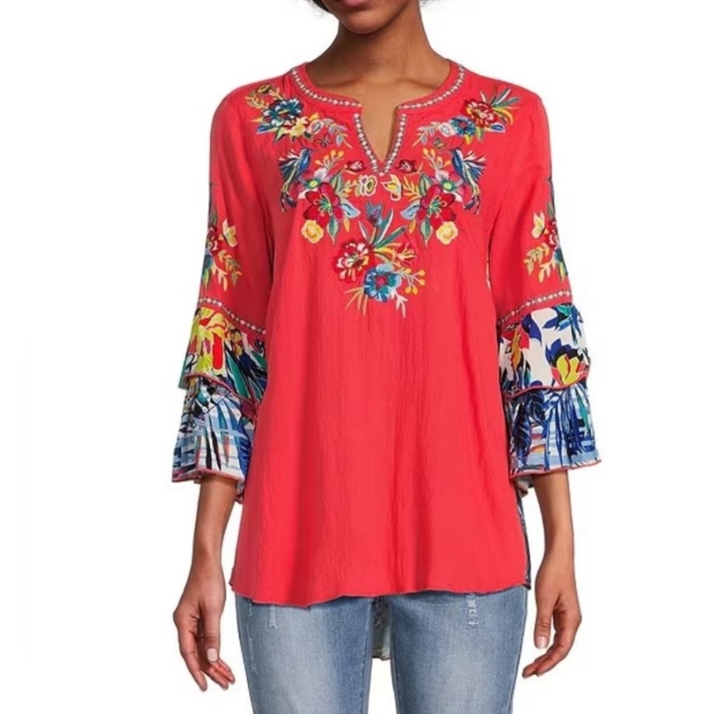 John Mark Red Floral Embroidered Tunic
